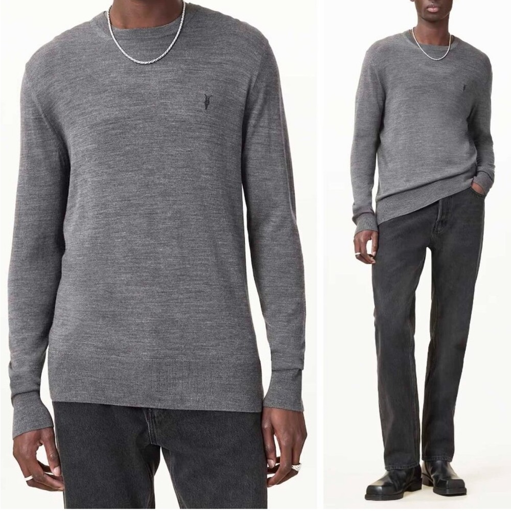 All Saints Mode 100% Merino Wool Crewneck Sweater In Monument Grey Men Size XL